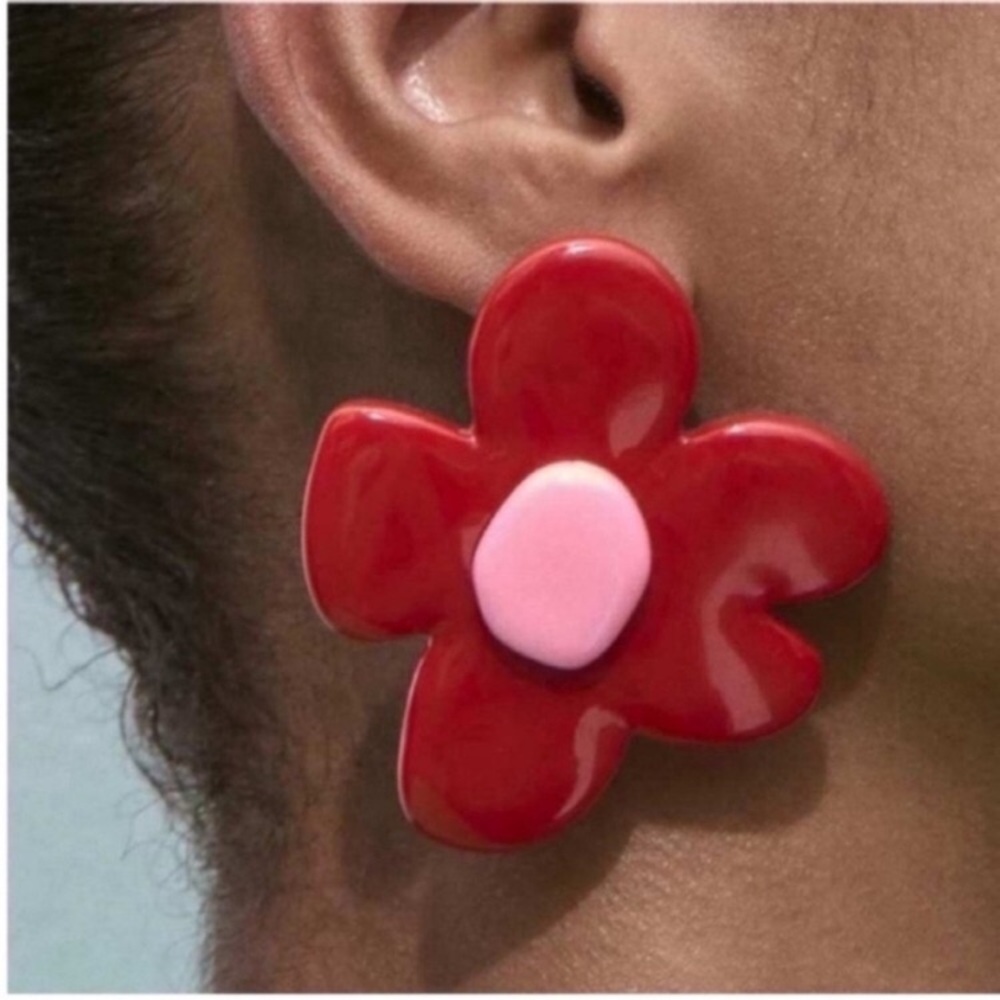 New! Red Resin Flower Statement Earrings